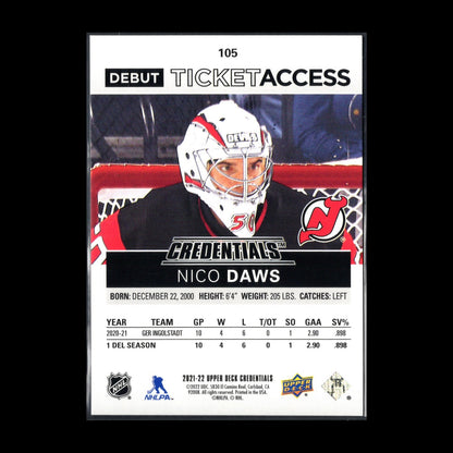 2021-22 UD Credentials NICO DAWS #105 Debut Ticket Access RC 553/999 - NJ Devils