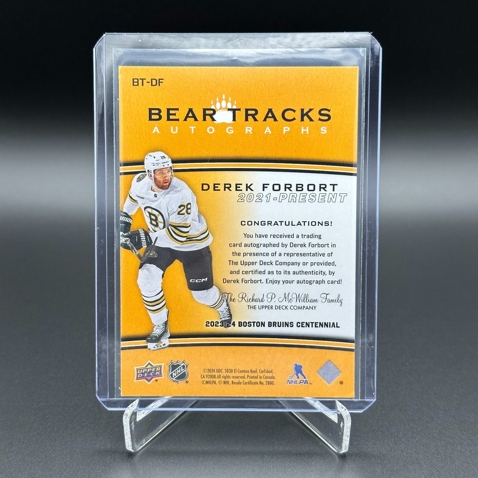2023-24 UD Boston Bruins Centennial DEREK FORBORT #BT-DF Bear Tracks Autographs
