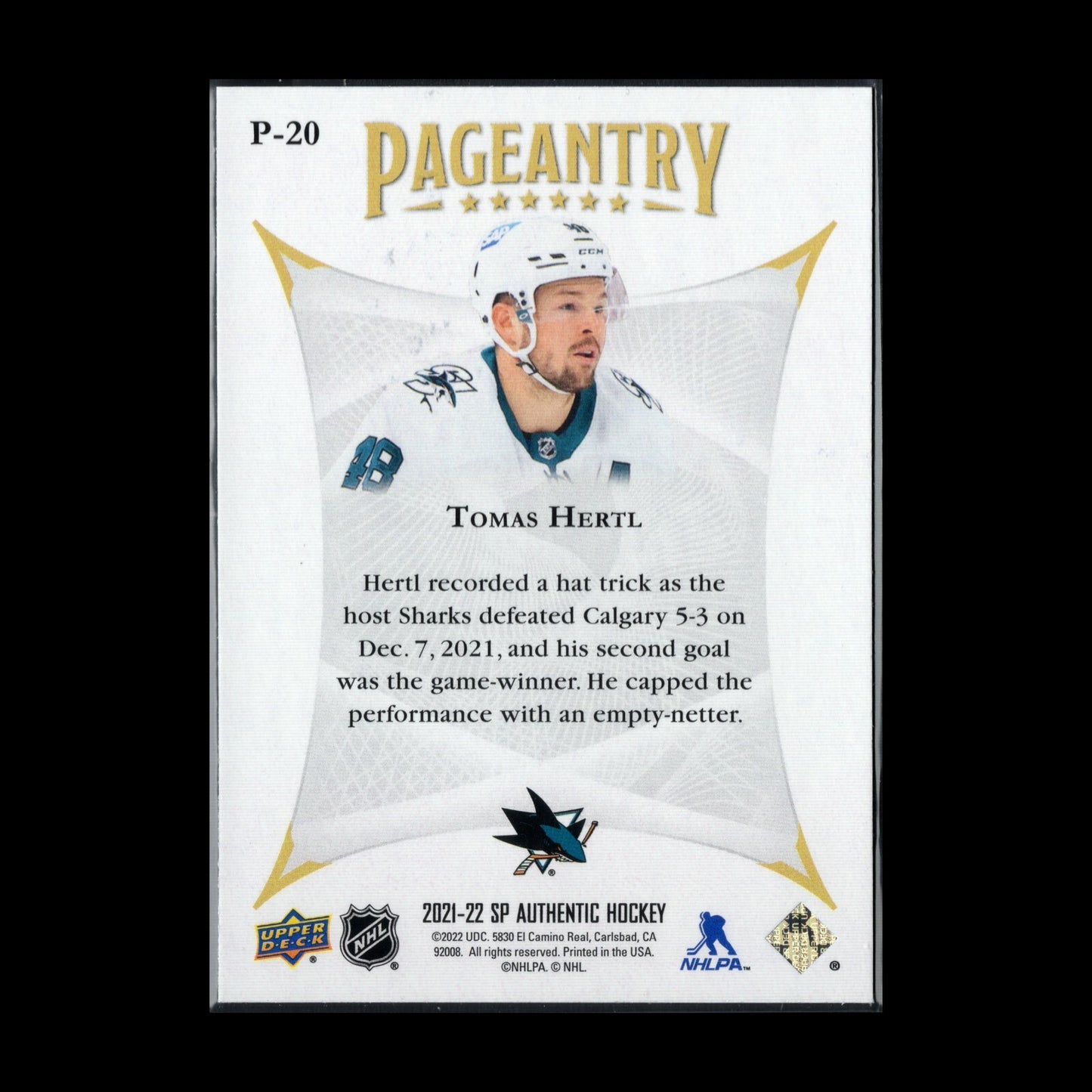 2021-22 UD SP Authentic TOMAS HERTL #P-20 Pageantry - San Jose Sharks