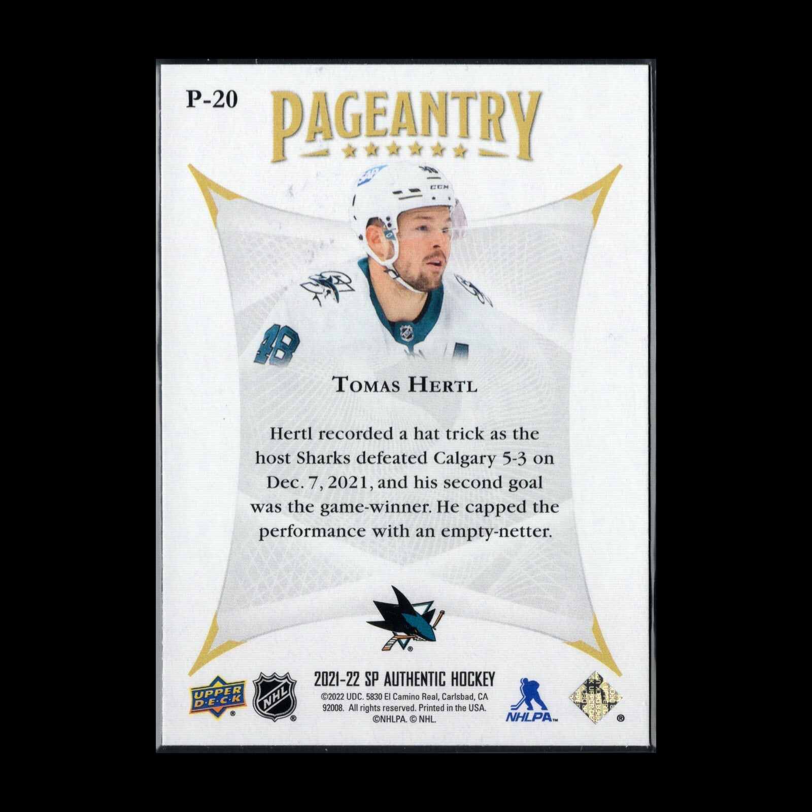 2021-22 UD SP Authentic TOMAS HERTL #P-20 Pageantry - San Jose Sharks