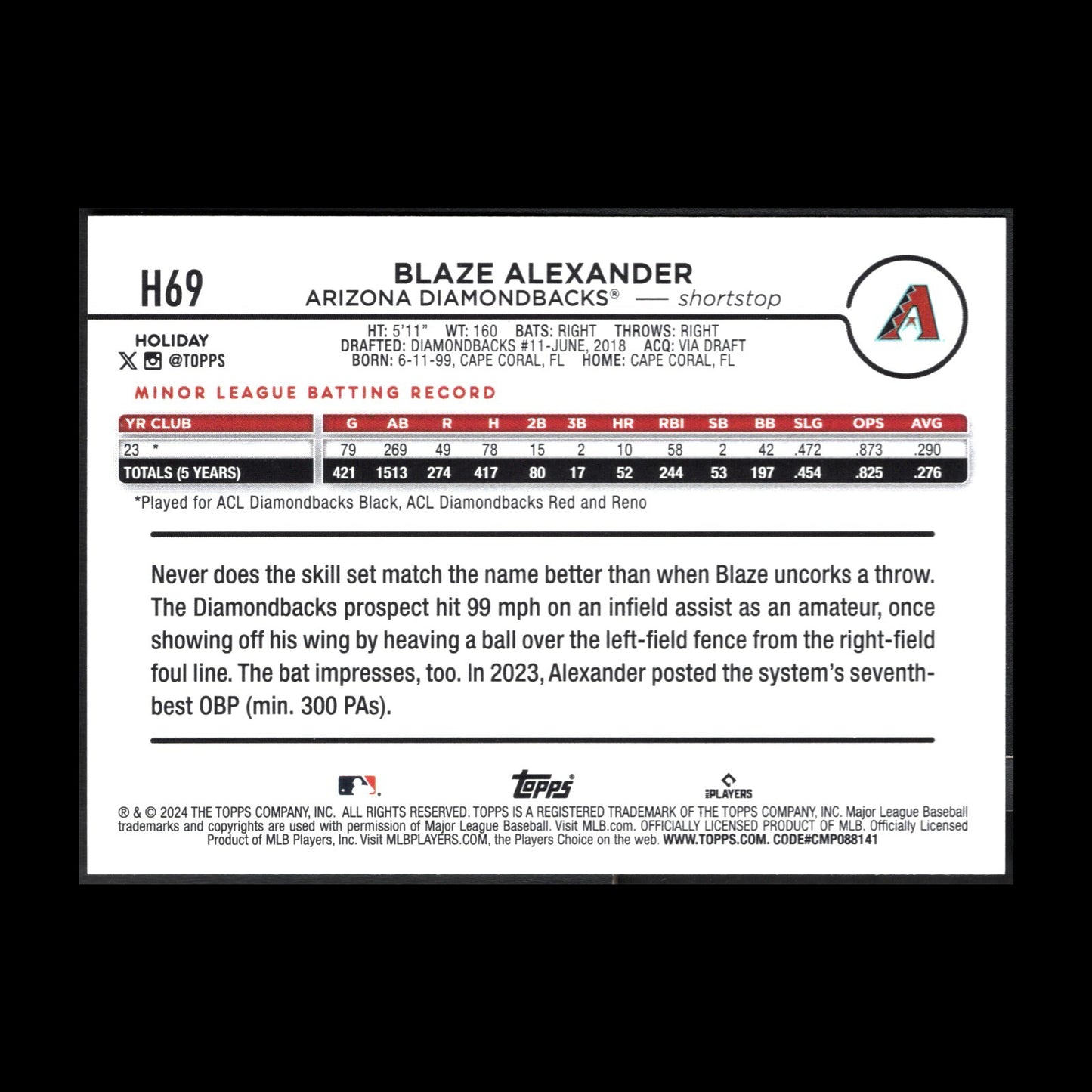 2024 Topps Holiday BLAZE ALEXANDER #H69 RC - Arizona Diamondbacks