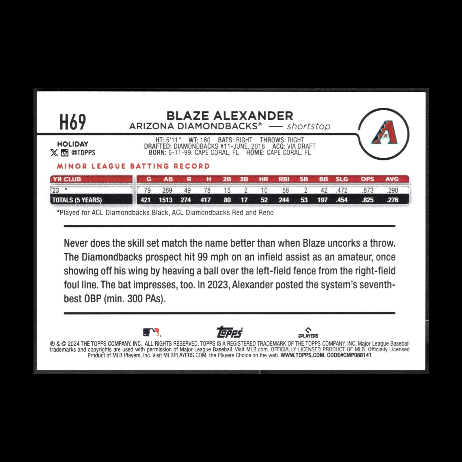 2024 Topps Holiday BLAZE ALEXANDER #H69 RC - Arizona Diamondbacks