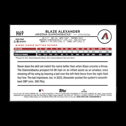 2024 Topps Holiday BLAZE ALEXANDER #H69 RC - Arizona Diamondbacks