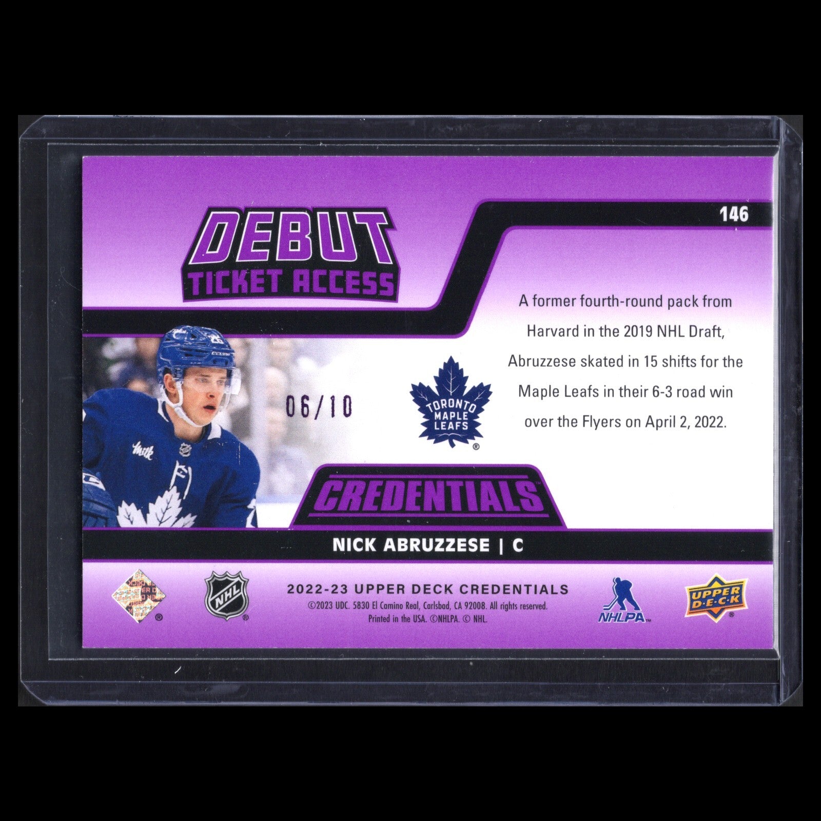 2022-23 UD Credentials NICK ABRUZZESE #146 Debut Ticket Access Purple 6/10