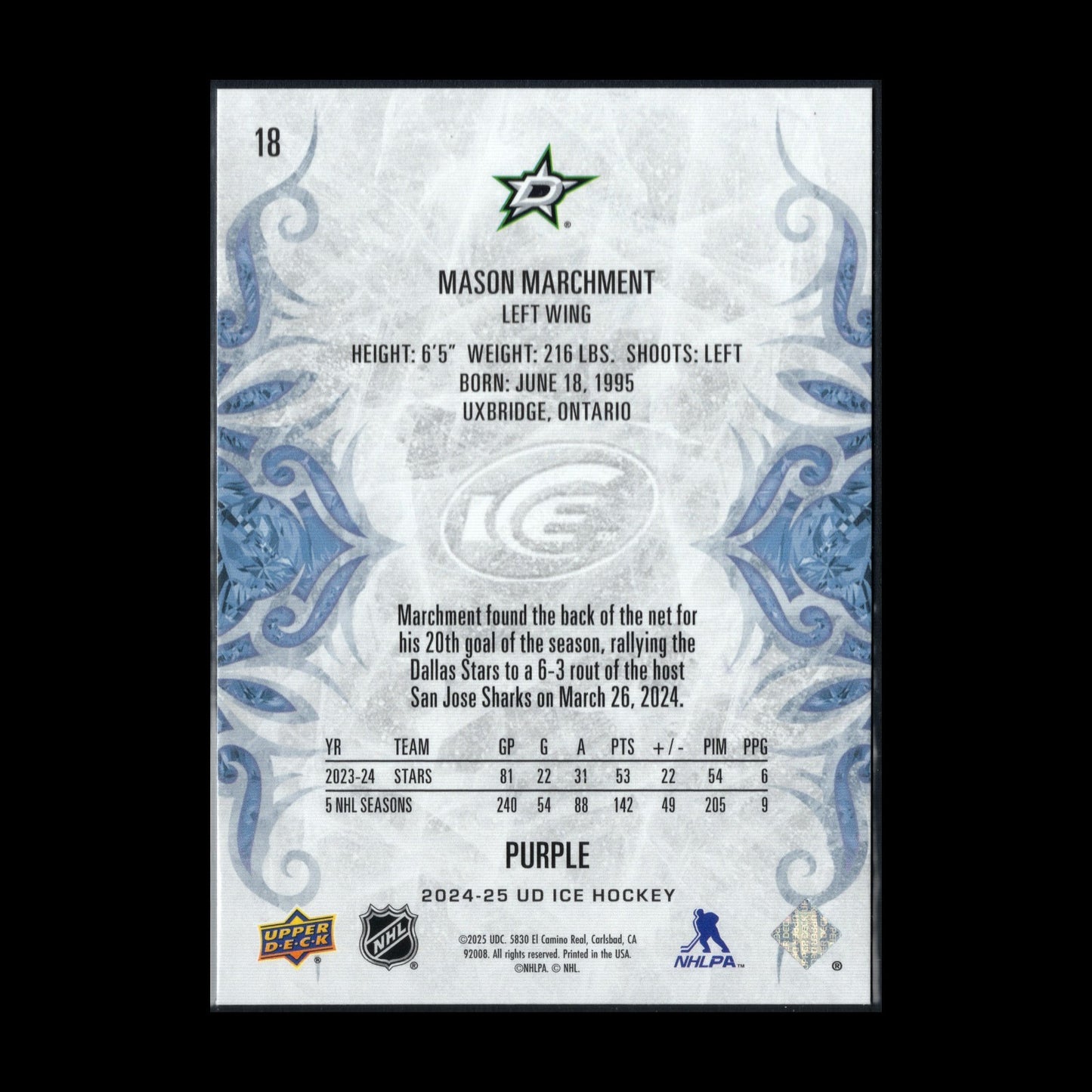 2024-25 UD Ice MASON MARCHMENT #18 Purple parallel - Dallas Stars