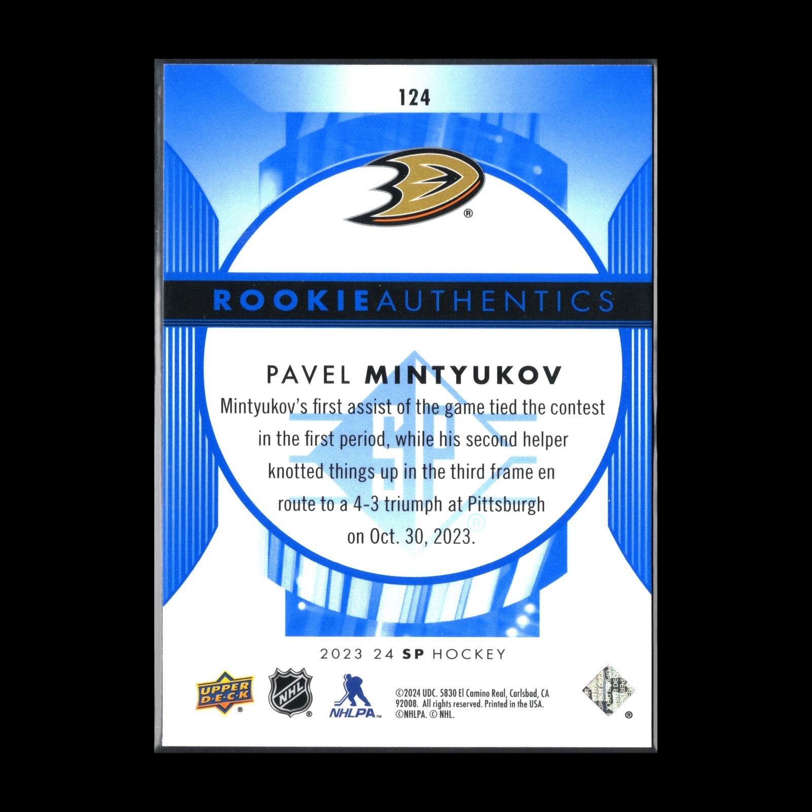 2023-24 UD SP Authentic PAVEL MINTYUKOV #124 Rookie Authentics - Anaheim Ducks