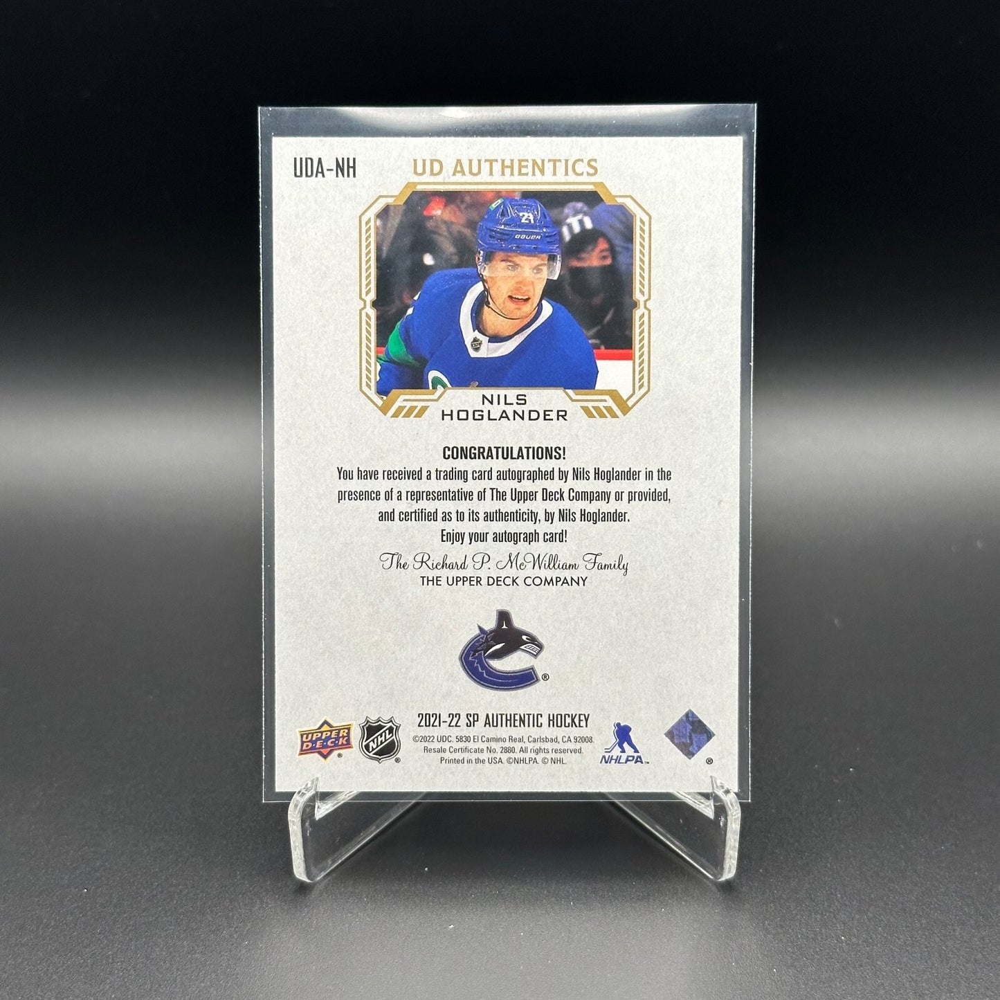 2021-22 UD SP Authentic NILS HOGLANDER #UDA-NH UD Authentics AUTO