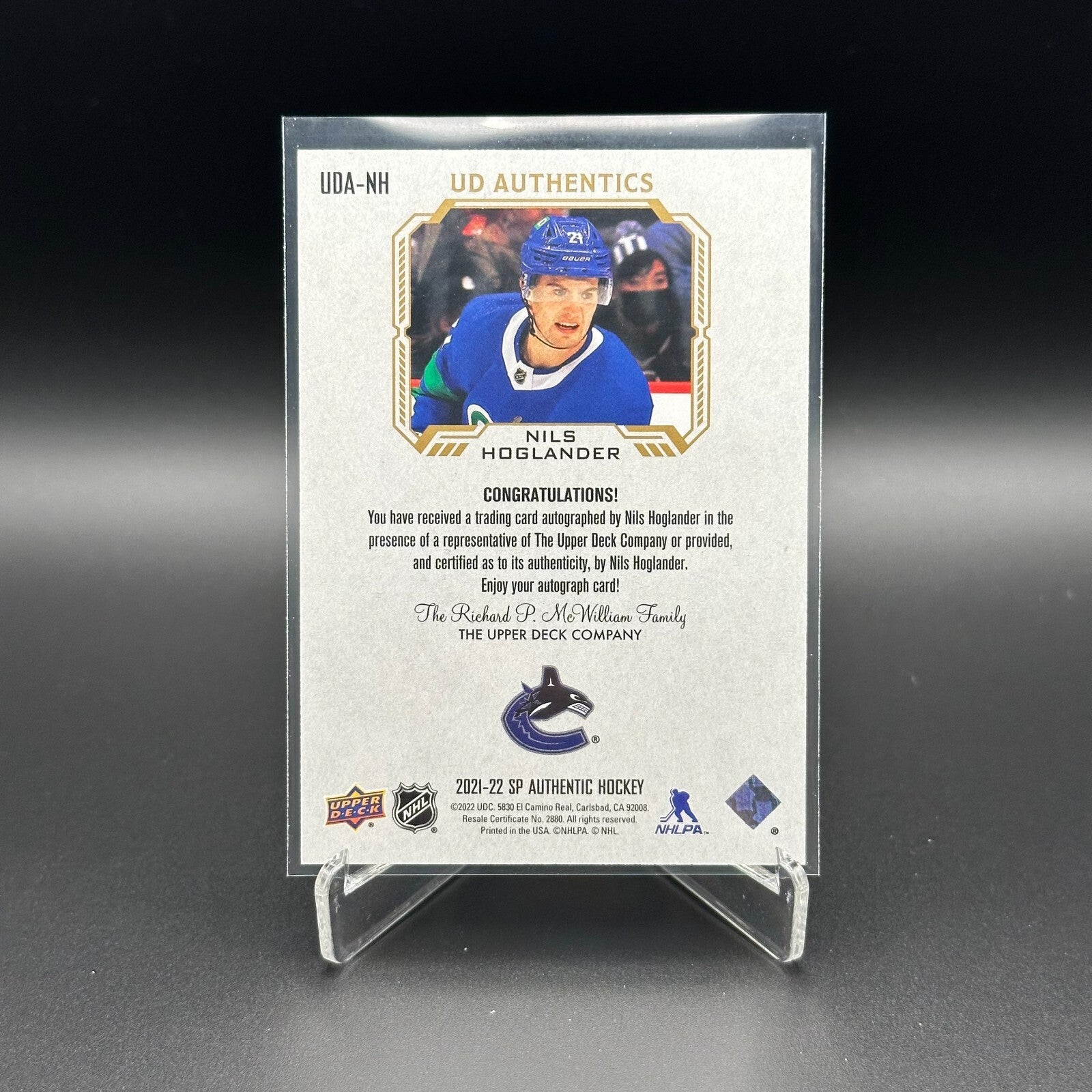 2021-22 UD SP Authentic NILS HOGLANDER #UDA-NH UD Authentics AUTO