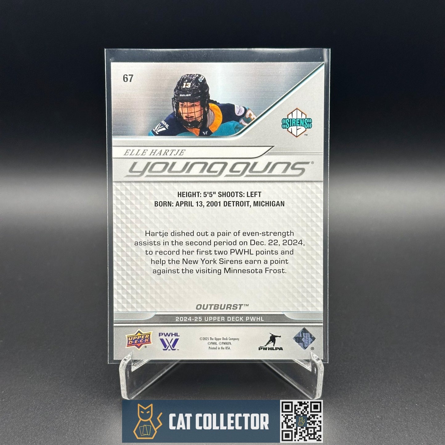 2024-25 UD PWHL ELLE HARTJE #67 Young Guns Outburst Rookie - New York Sirens