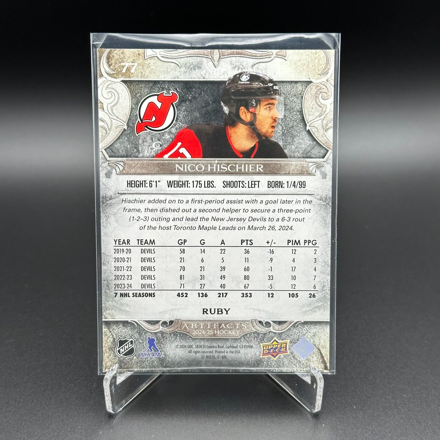 2024-25 UD Artifacts NICO HISCHIER #77 Ruby /499 - New Jersey Devils