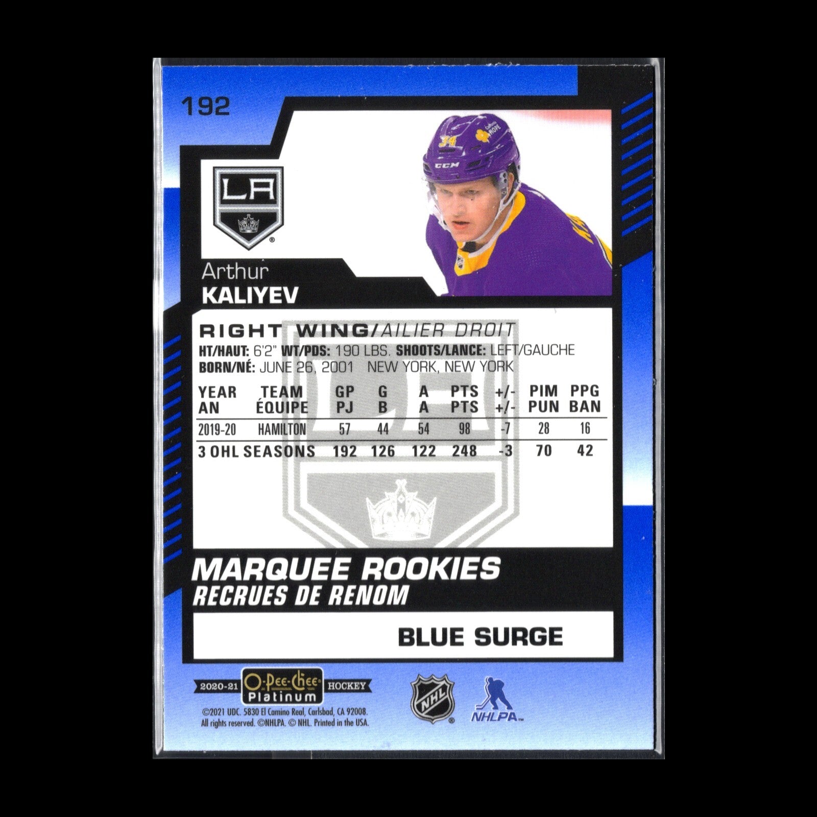 2020-21 O-Pee-Chee Platinum ARTHUR KALIYEV #192 Marquee rookie Blue Surge RC