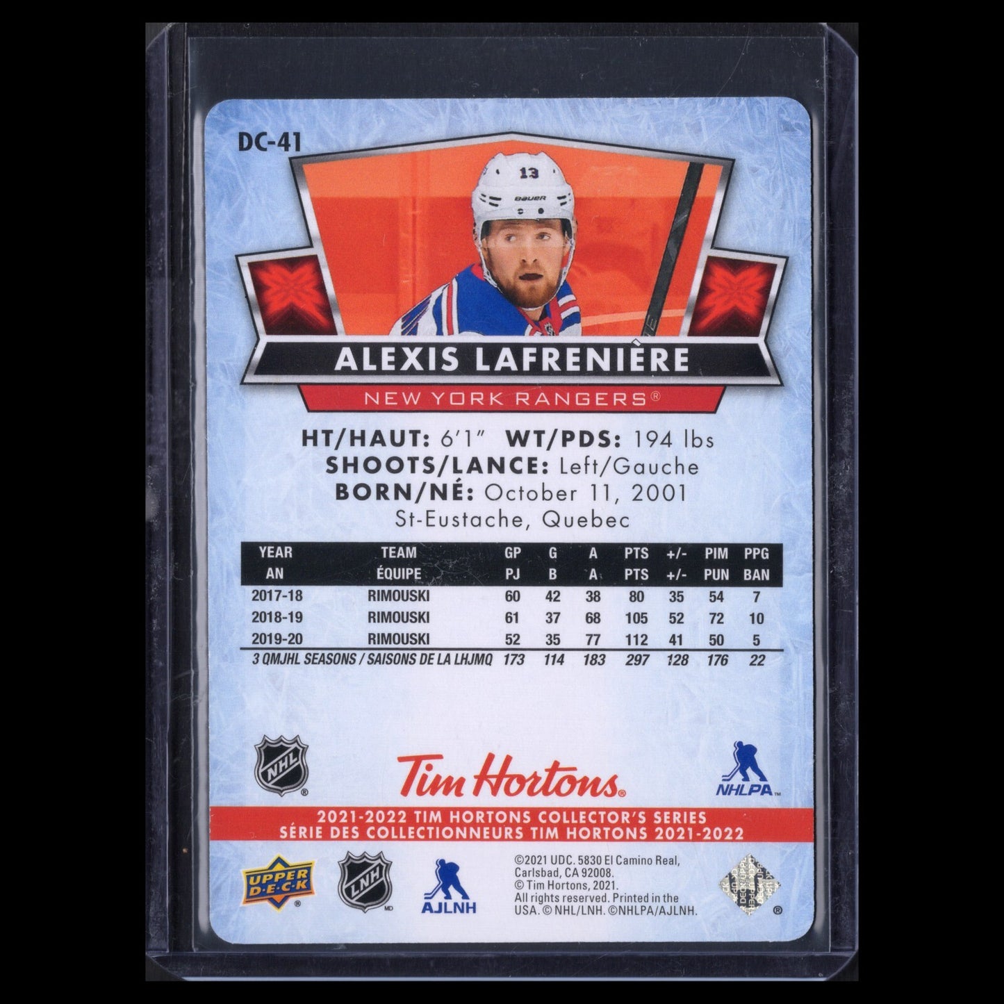 2021-22 UD Tim Hortons ALEXIS LAFRENIERE #DC-41 Red Die-Cut - New York Rangers