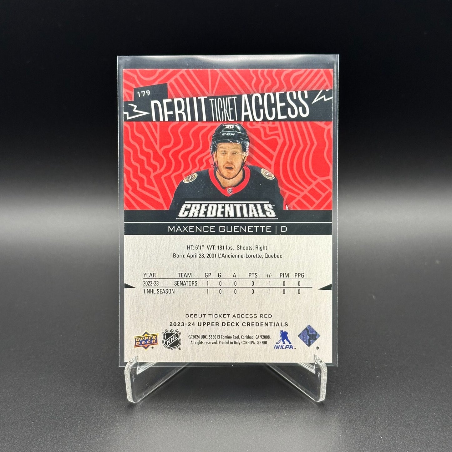 2023-24 UD Credentials MAXENCE GUENETTE #179 Debut Ticket Access Red RC /349