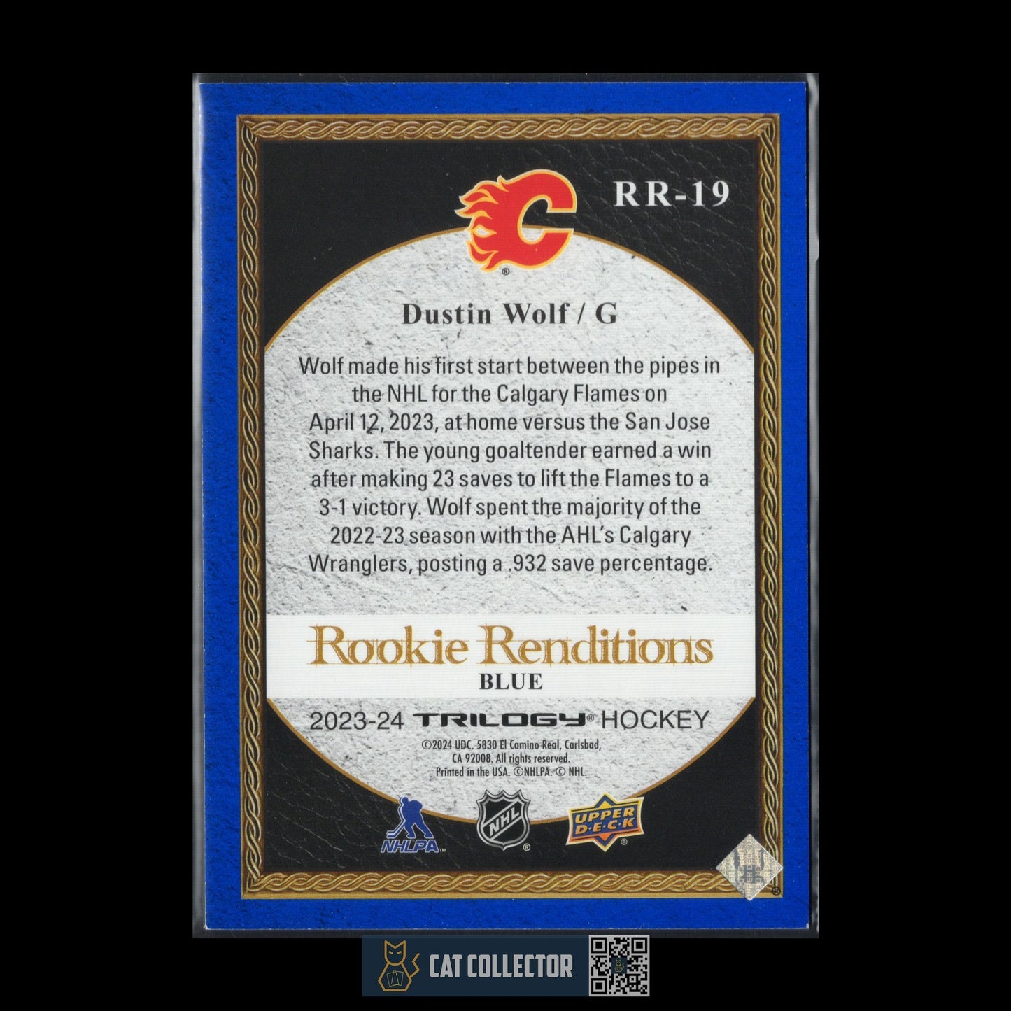 2023-24 UD Trilogy DUSTIN WOLF #RR-19 RC Rookie Renditions Blue 175/499