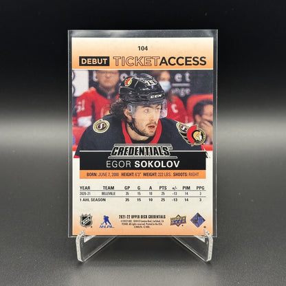 2021-22 UD Credentials EGOR SOKOLOV #104 Debut Ticket Access Orange RC /149