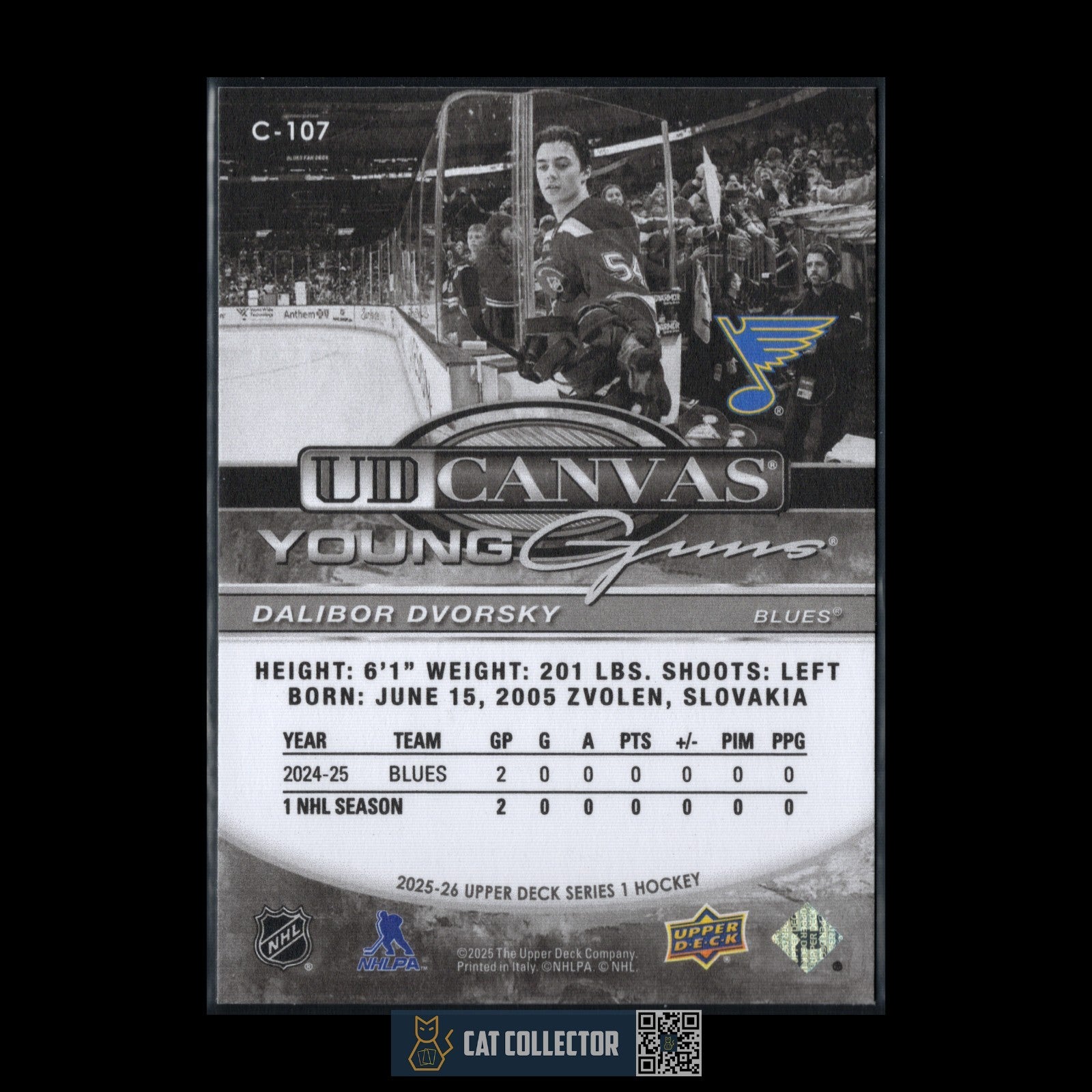 2025-26 UD Series 1 DALIBOR DVORSKY #C-107 UD Canvas Young Guns Black & White RC