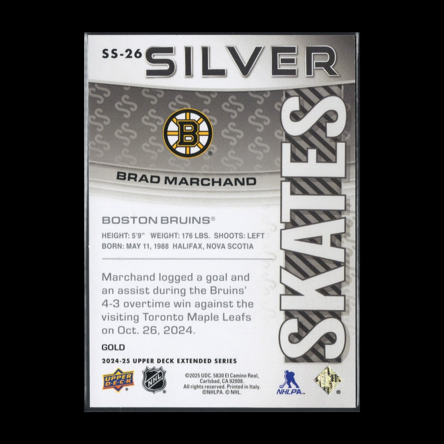 2024-25 UD Extended series BRAD MARCHAND #SS-26 Silver Skates Gold /250