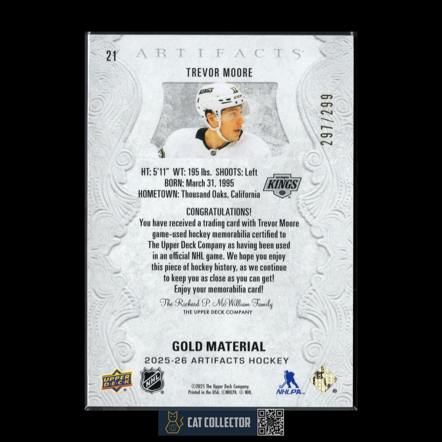 2025-26 UD Artifacts TREVOR MOORE #21 Gold Materials /299 Jersey