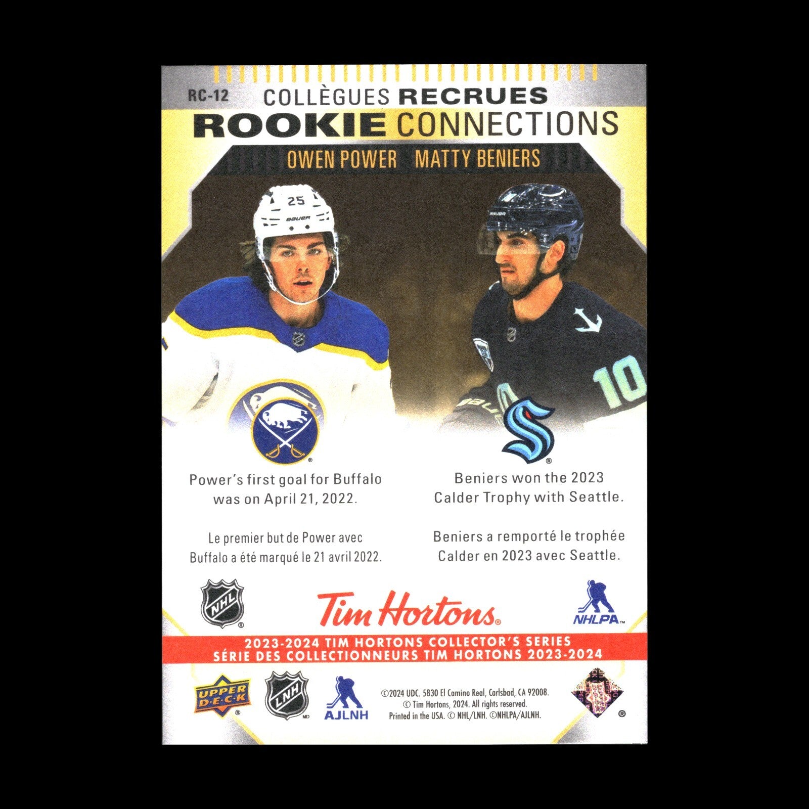 2023-24 UD Tim Hortons OWEN POWER/MATTY BENIERS #RC-12 Rookie Connections