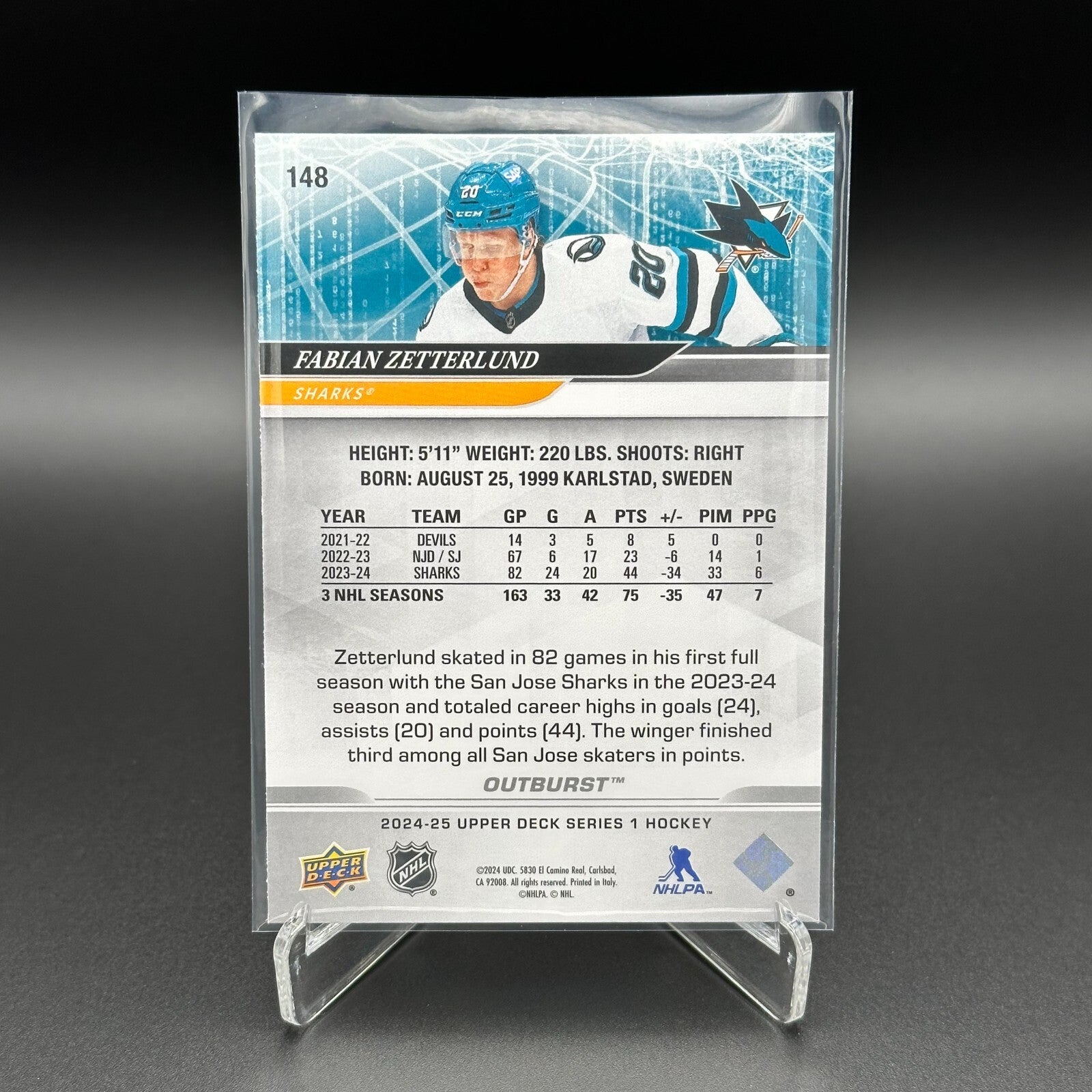 2024-25 Upper Deck Series 1 FABIAN ZETTERLUND #148 Outburst - San Jose Sharks