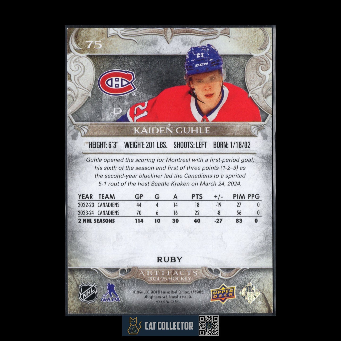 2024-25 UD Artifacts KAIDEN GUHLE #75 Ruby 243/499 - Montreal Canadiens