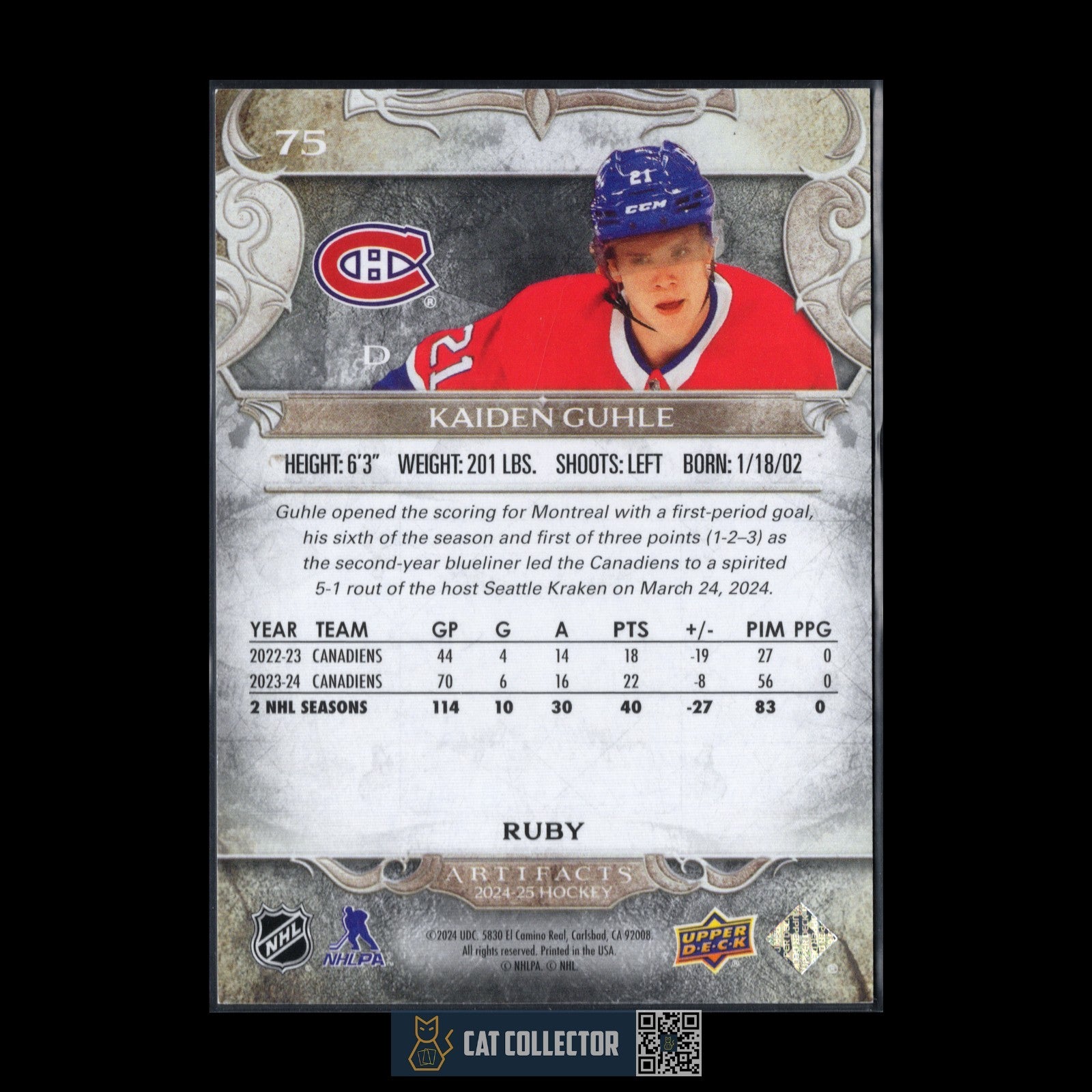 2024-25 UD Artifacts KAIDEN GUHLE #75 Ruby 243/499 - Montreal Canadiens