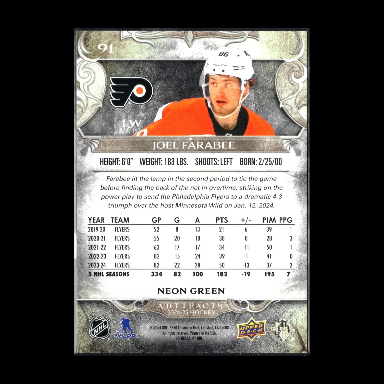 2024-25 UD Artifacts JOEL FARABEE #91 Neon Green - Philadelphia Flyers
