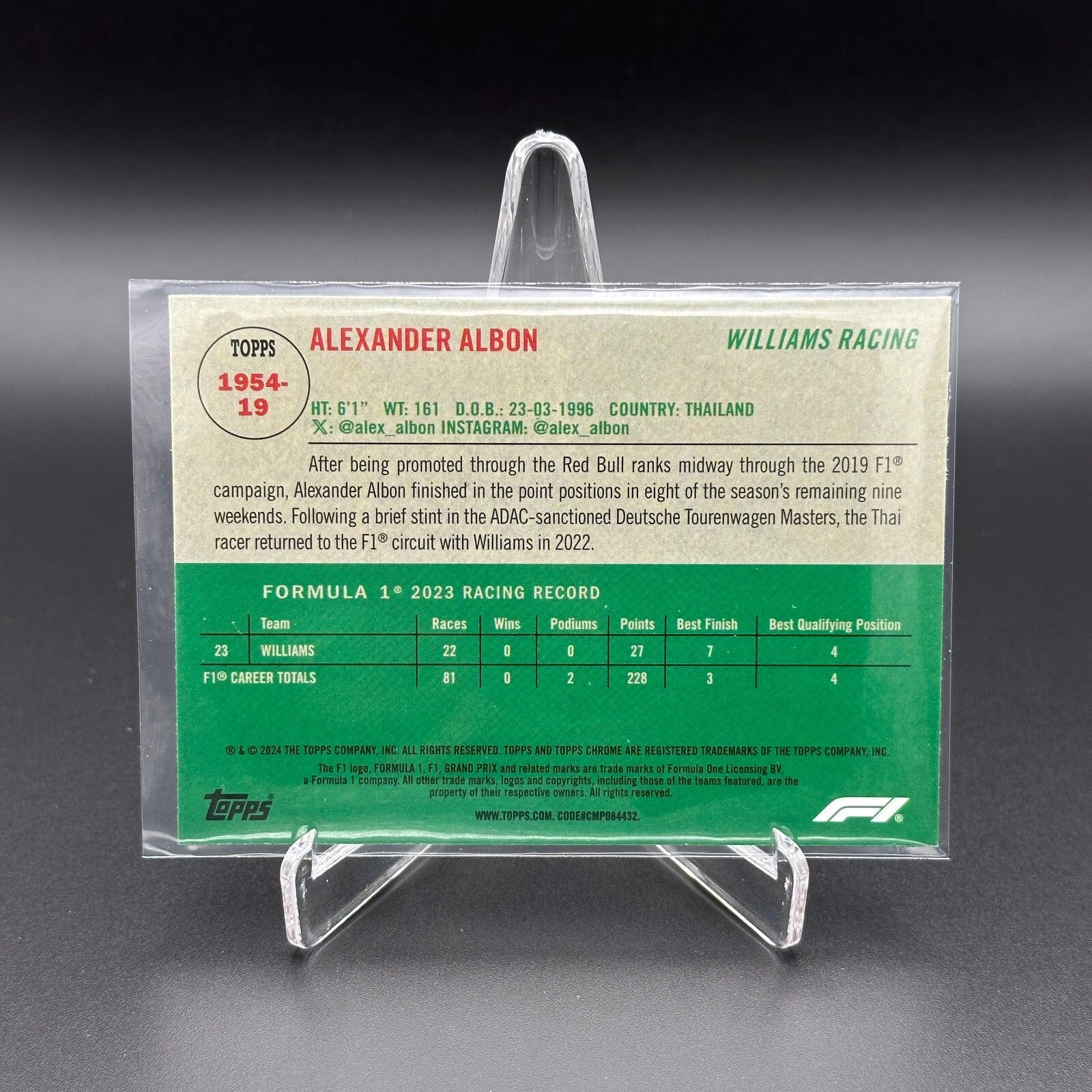 2024 Topps Chrome Formula 1 ALEXANDER ALBON #1954-19 1954 Topps Retro