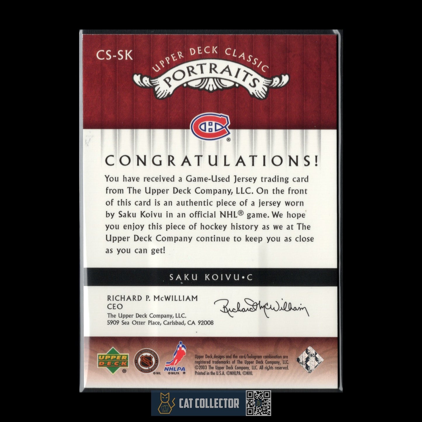 2003-04 UD Classic Portraits SAKU KOIVU #CS-SK Stiches Jersey