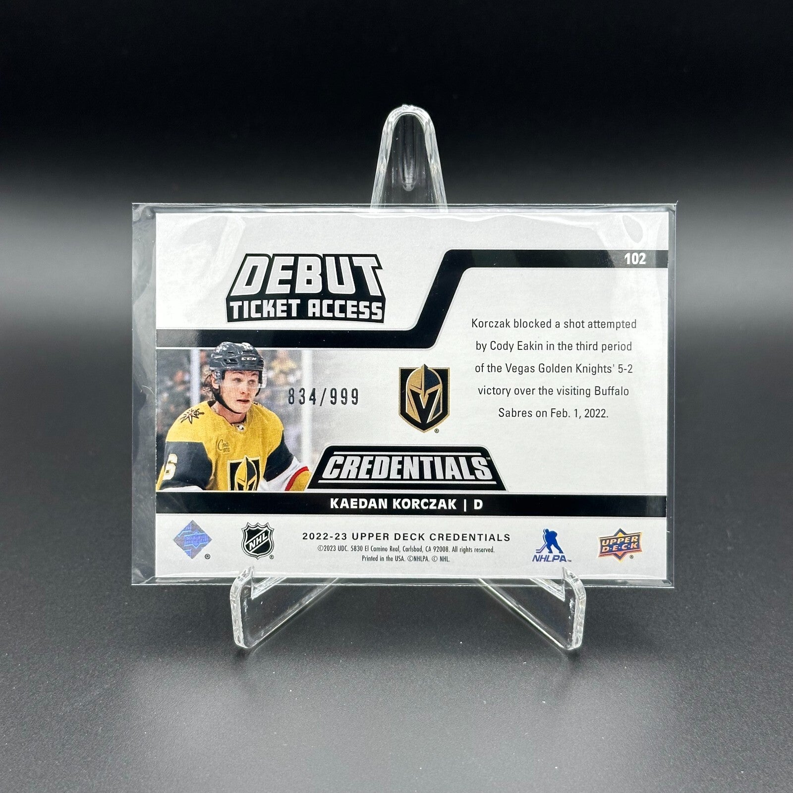 2022-23 UD Credentials KAEDAN KORCZAK #102 Debut Ticket Access RC 834/999