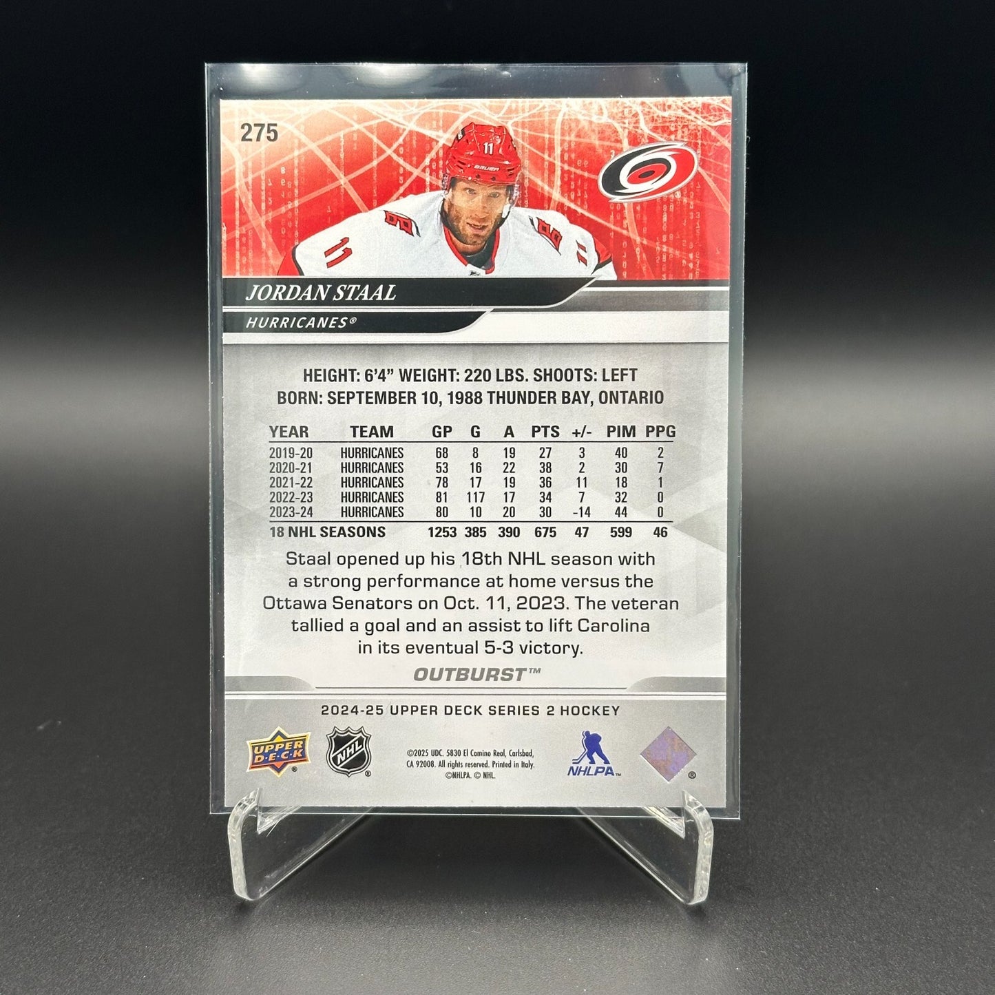 2024-25 UD Series 2 JORDAN STAAL #275 Outburst - Carolina Hurricanes
