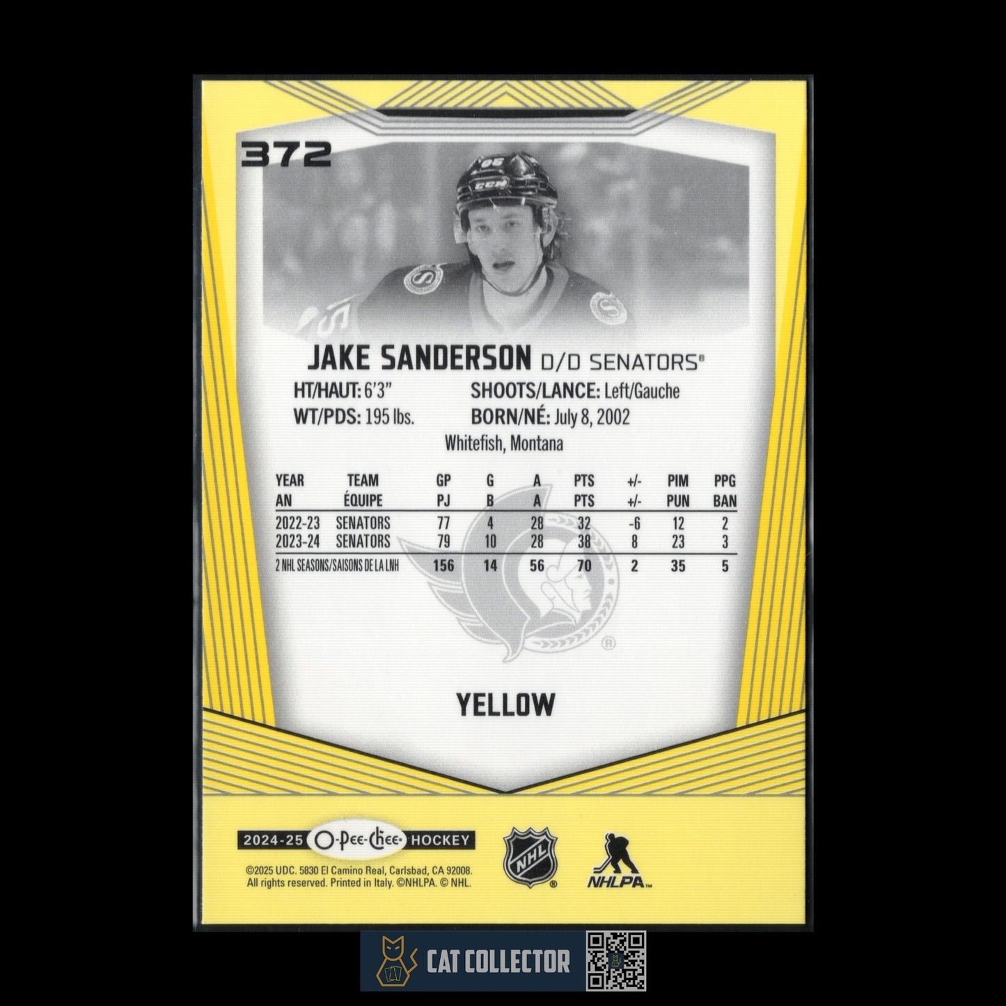 2024-25 O-Pee-Chee JAKE SANDERSON #372 Yellow border - Ottawa Senators