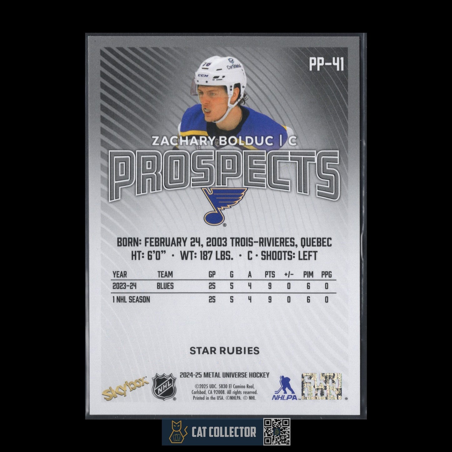2024-25 SkyBox Metal Universe ZACHARY BOLDUC #PP-41 Prospects Star Rubies RC /50
