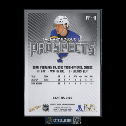 2024-25 SkyBox Metal Universe ZACHARY BOLDUC #PP-41 Prospects Star Rubies RC /50