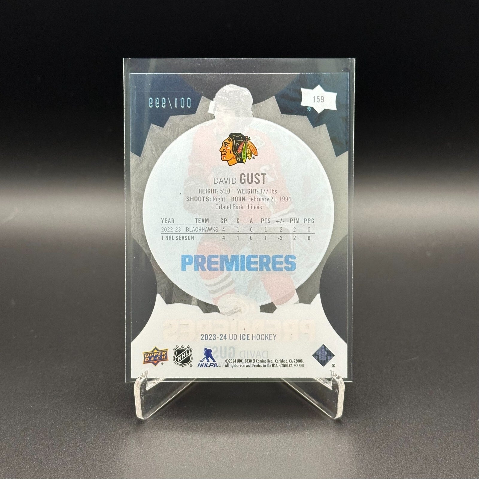 2023-24 UD Ice DAVID GUST #159 Ice Premieres Rookie RC 1/999 - First Print!