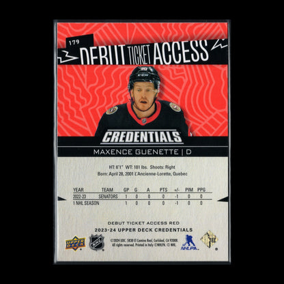 2023-24 UD Credentials MAXENCE GUENETTE #179 Debut Ticket Access Red RC /349