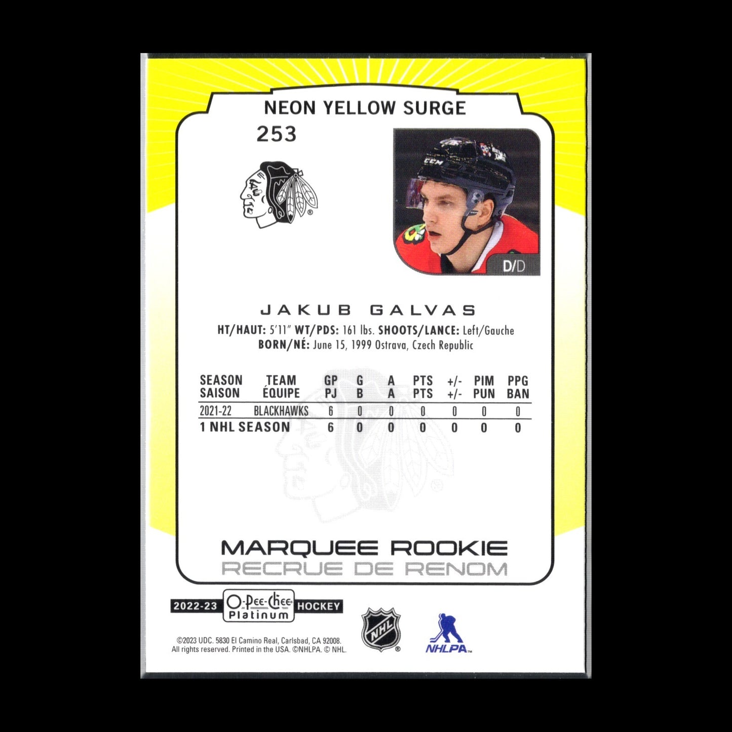 2022-23 O-Pee-Chee Platinum JAKUB GALVAS #253 Neon Yellow Surge RC