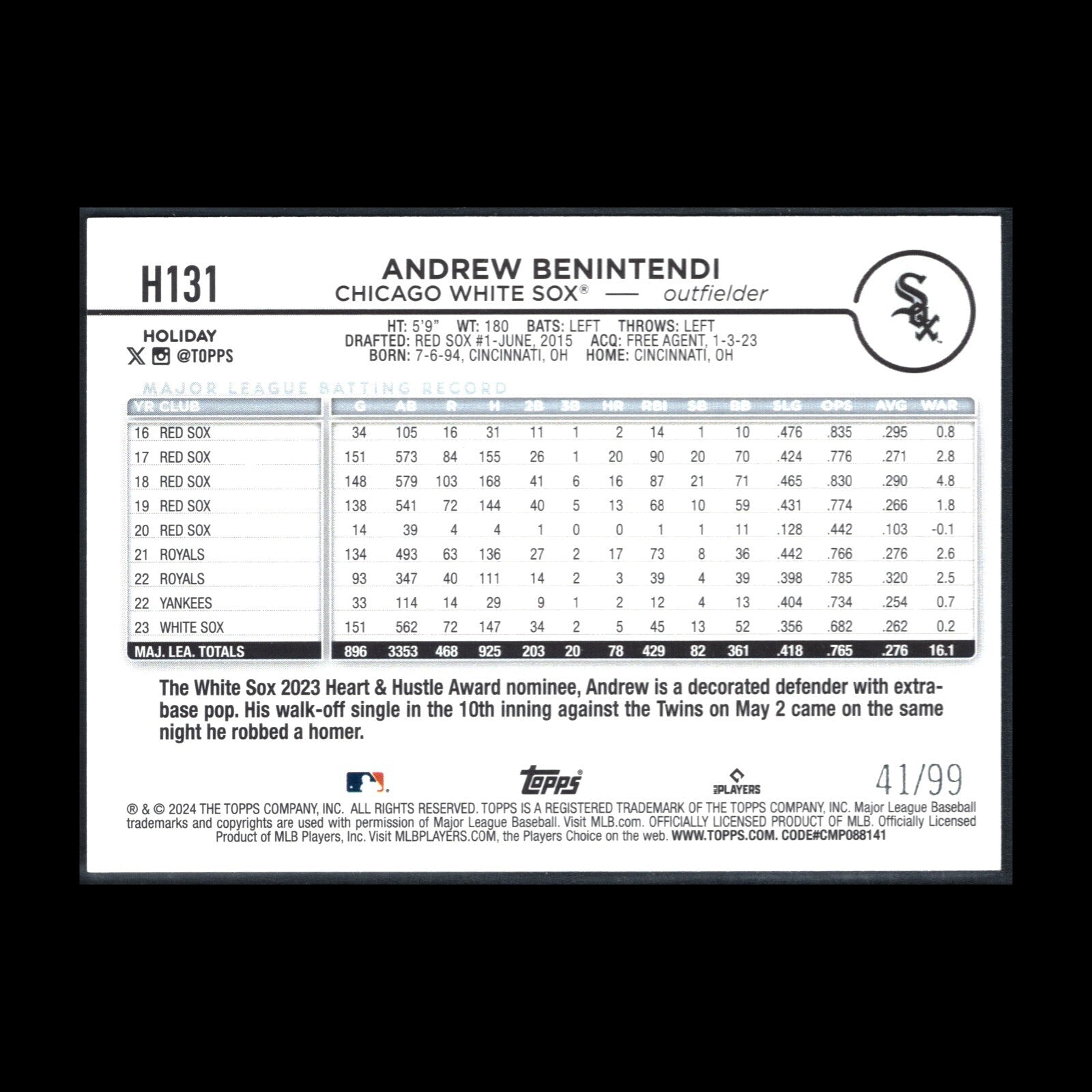 2024 Topps Holiday ANDREW BENINTENDI #H131 Purple Metallic Holiday Tree 41/99