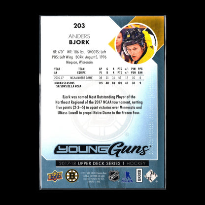 2017-18 UD Series 1 ANDERS BJORK #203 Young guns RC - Boston Bruins