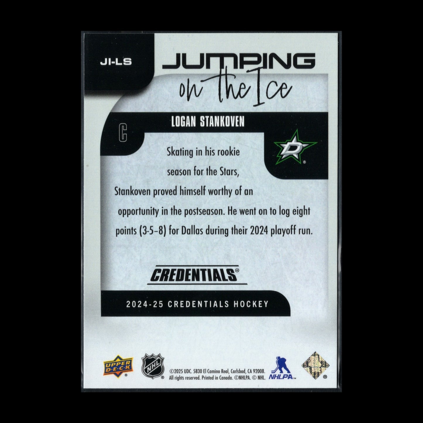 2024-25 UD Credentials LOGAN STANKOVEN #JI-LS Jumping on the ice Rookie RC