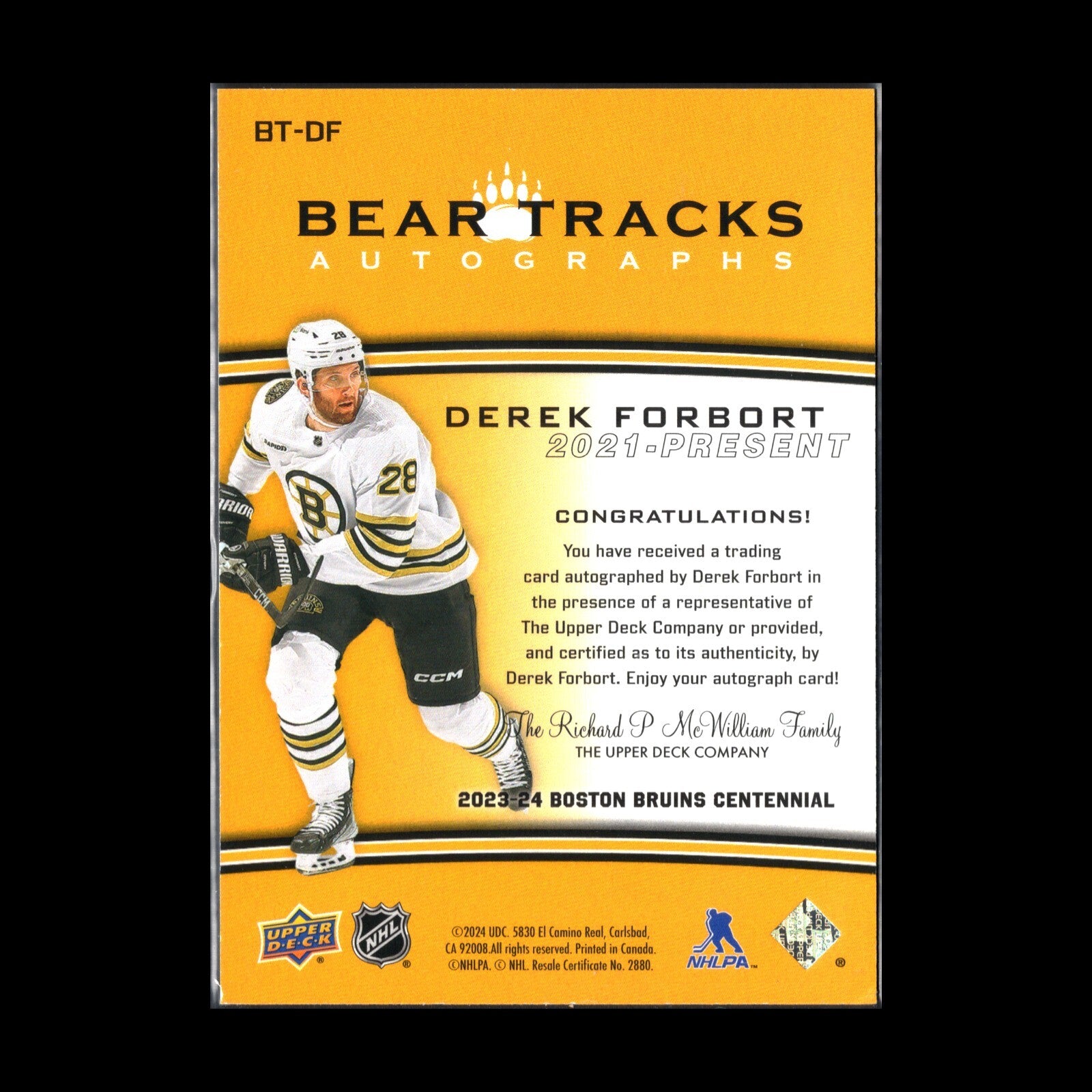 2023-24 UD Boston Bruins Centennial DEREK FORBORT #BT-DF Bear Tracks Autographs