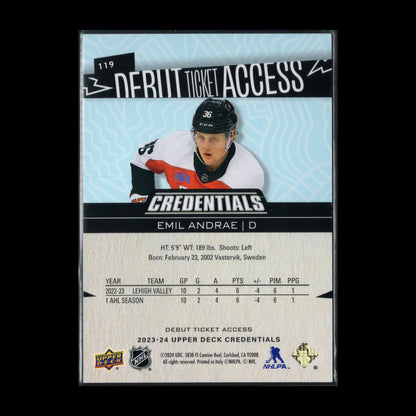 2023-24 UD Credentials EMIL ANDRAE #119 Debut Ticket Access Rookie RC /999