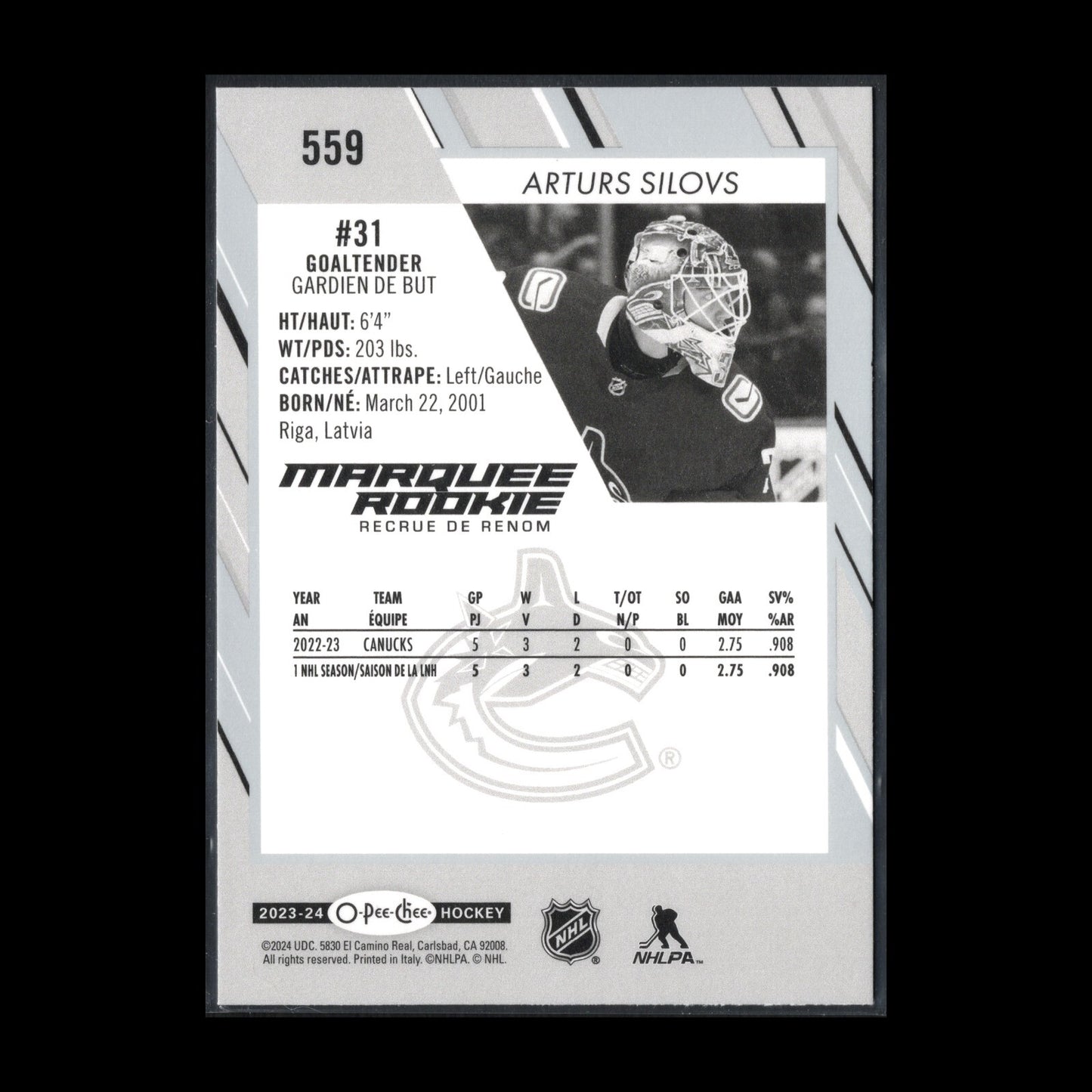 2023-24 O-Pee-Chee ARTHURS SILOVS #559 Marquee rookie RC - Vancouver Canucks