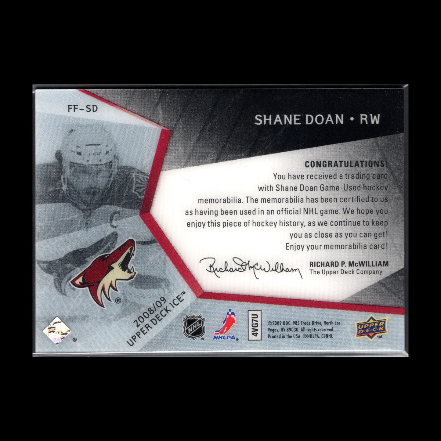 2008-09 UD Ice SHANE DOAN #FF-SD Frozen Fabrics 23/25 - Arizona Coyotes
