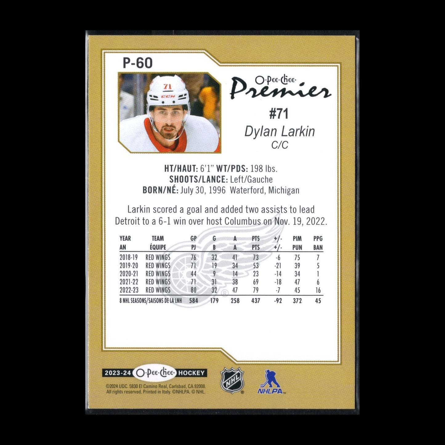 2023-24 O-Pee-Chee DYLAN LARKIN #P-60 Premier - Detroit Red Wings