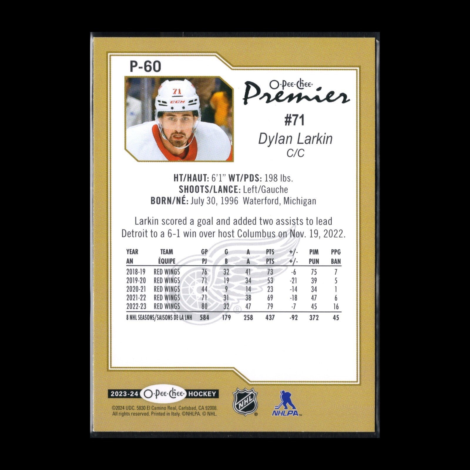 2023-24 O-Pee-Chee DYLAN LARKIN #P-60 Premier - Detroit Red Wings