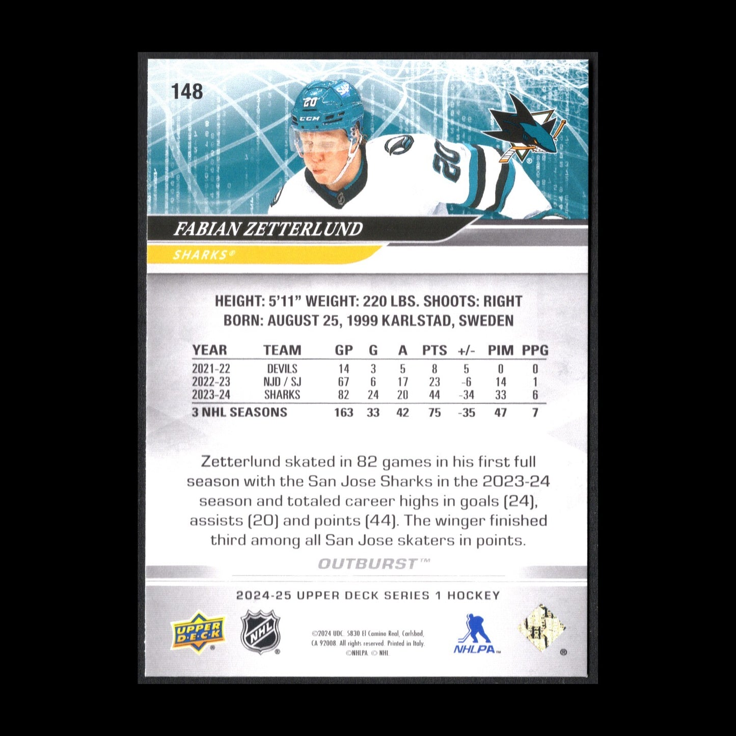 2024-25 Upper Deck Series 1 FABIAN ZETTERLUND #148 Outburst - San Jose Sharks