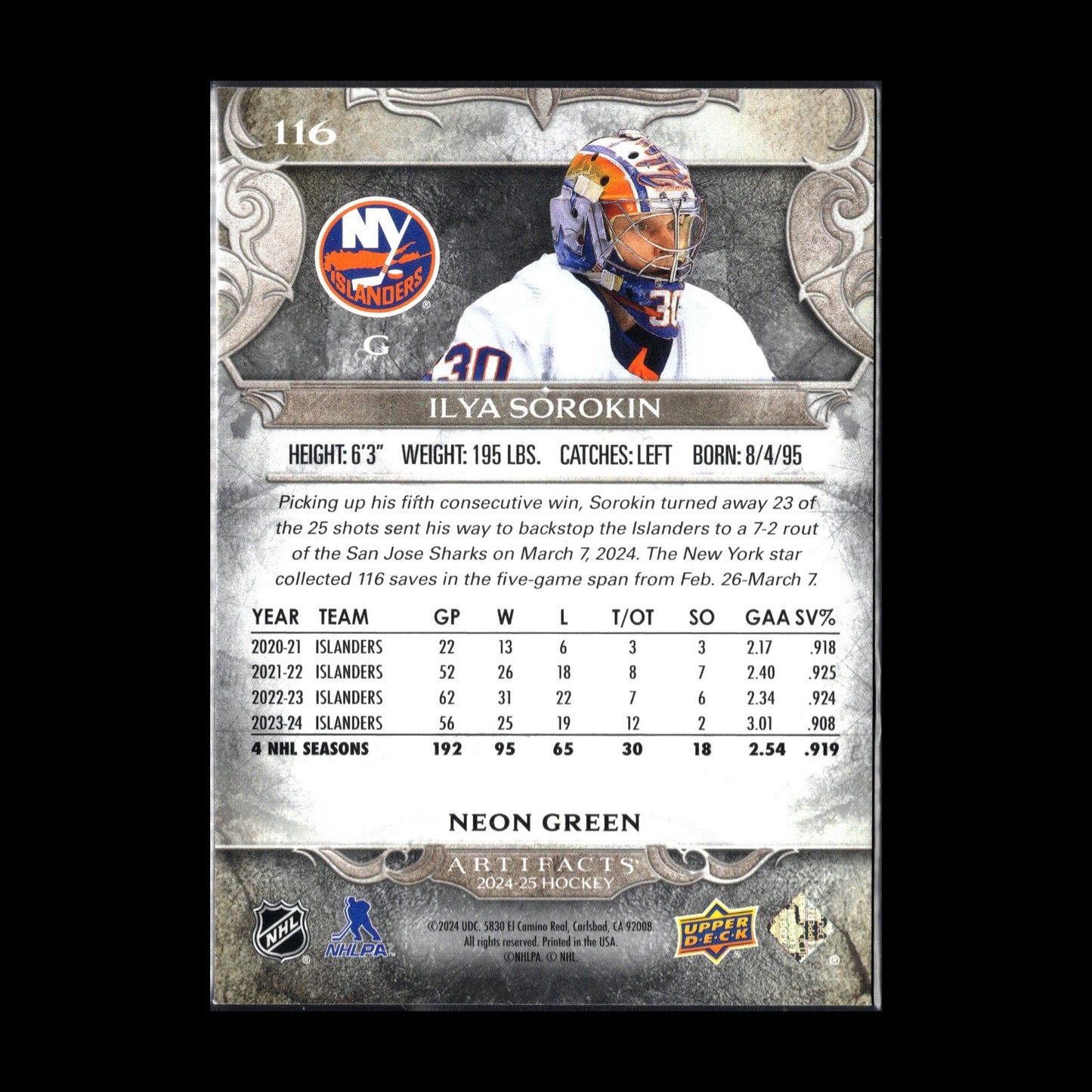 2024-25 UD Artifacts ILYA SOROKIN #116 Neon Green - New York Islanders