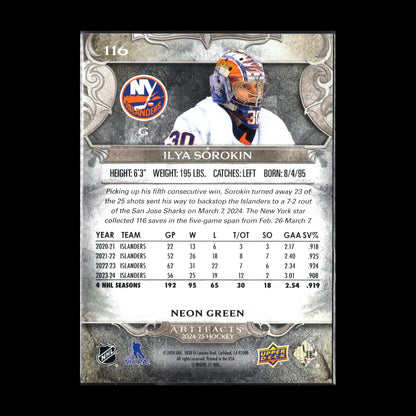 2024-25 UD Artifacts ILYA SOROKIN #116 Neon Green - New York Islanders