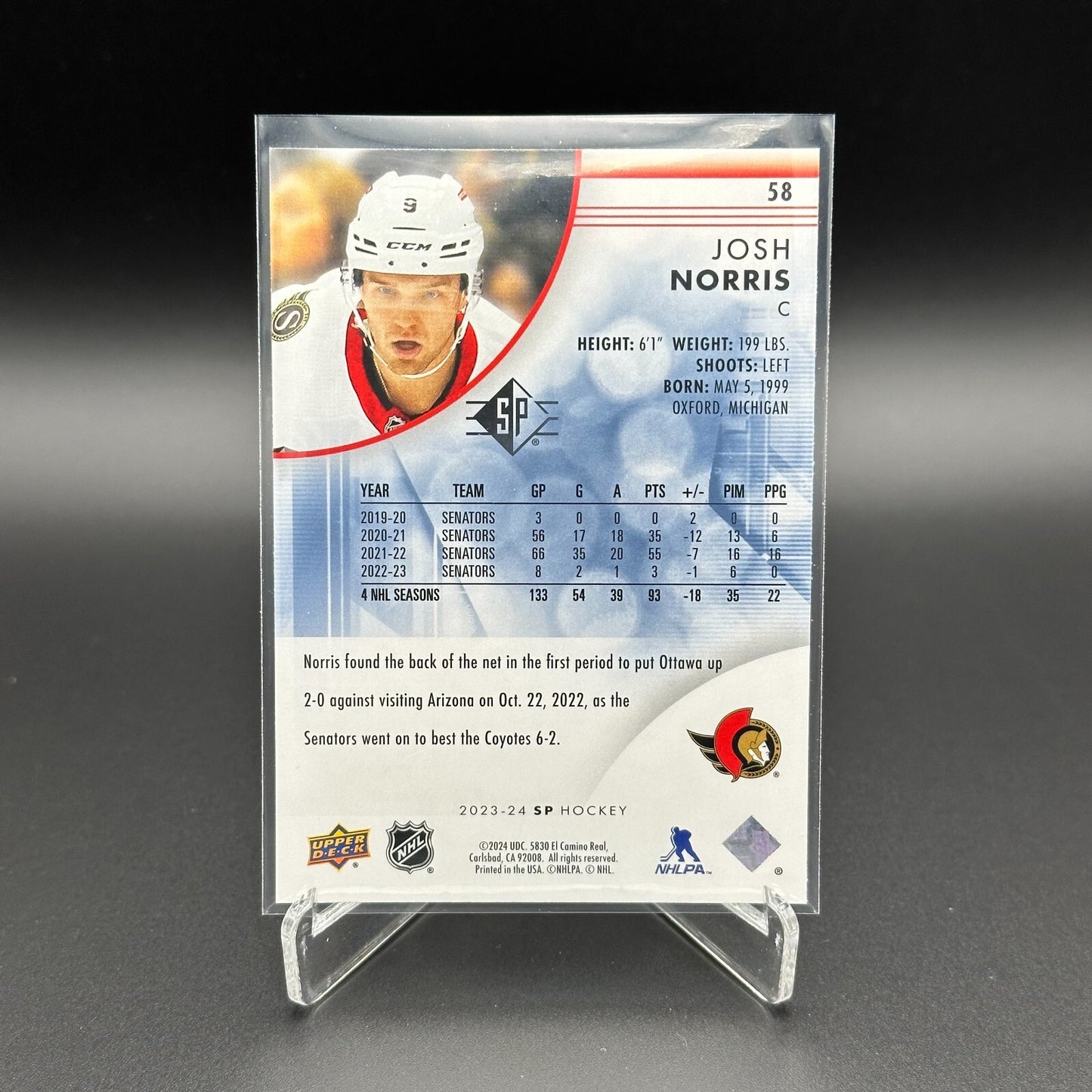 2023-24 UD SP Authentic JOSH NORRIS #58 Blue parallel - Ottawa Senators